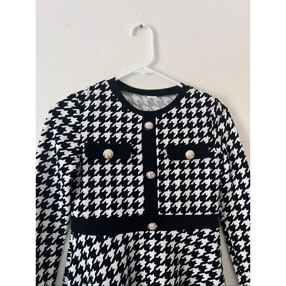 Girls' Houndstooth Print Dress with Button Front Casual A-Line Mini Dress size 1